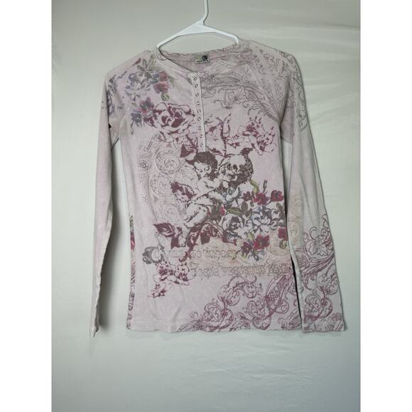 One World Women’s Long Sleeve Henley Top Size S Pink Floral Graphic Boho - Picture 1 of 5
